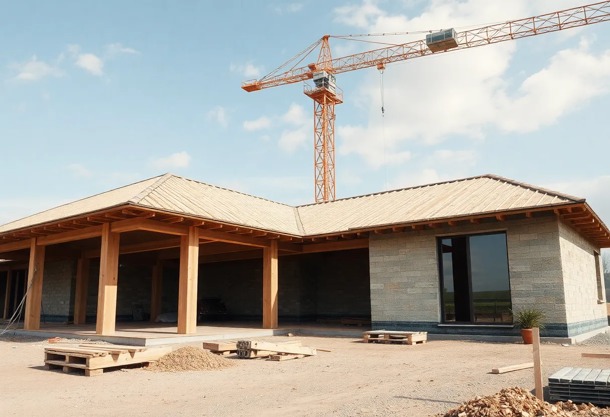 Construction site using sustainable materials derived from food waste.