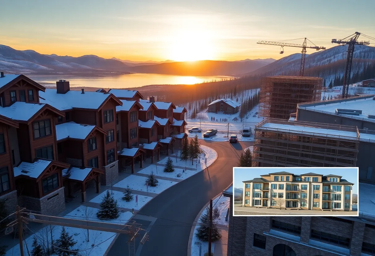 Alpine townhomes near a ski resort with nearby construction and urban townhome renderings