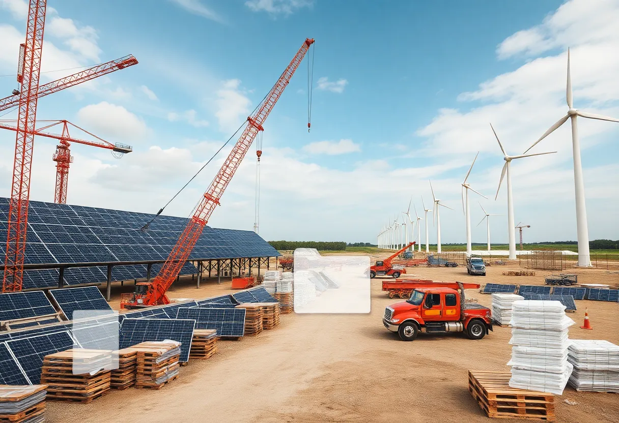 Solar and wind construction site with cranes, equipment deliveries and a financial overlay representing bridge financing