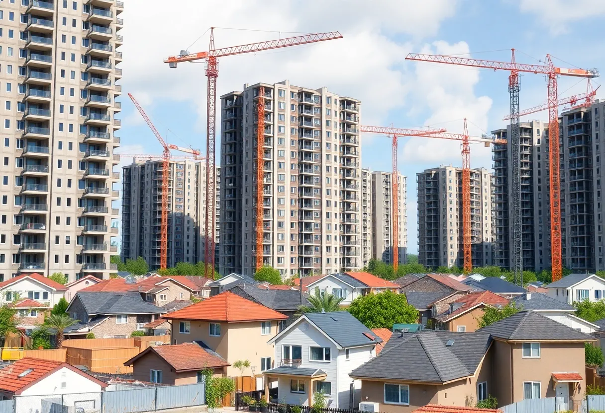 Construction site of a housing development with cranes and urban buildings