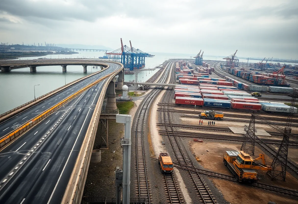 Aerial view of aging highway, port cranes, rail yard and power substation with construction activity