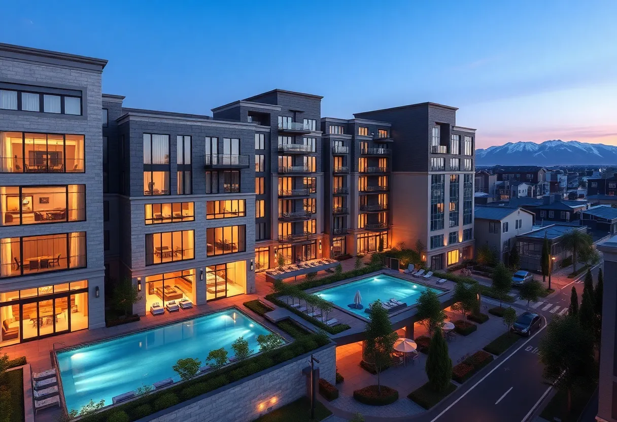 Exterior rendering of Waldorf Astoria Residences Cherry Creek with rooftop pool and mountain view