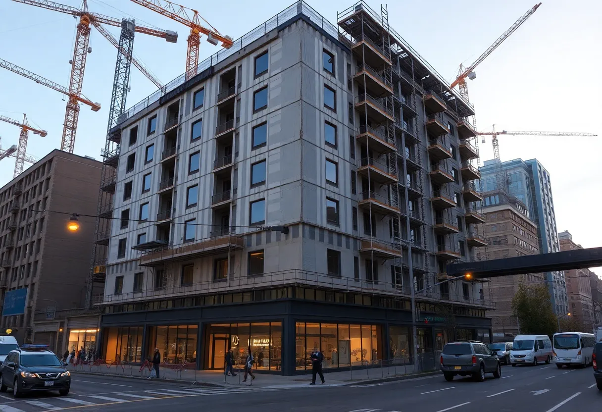 14-story multifamily building under construction on a busy Queens boulevard with cranes and ground-floor retail
