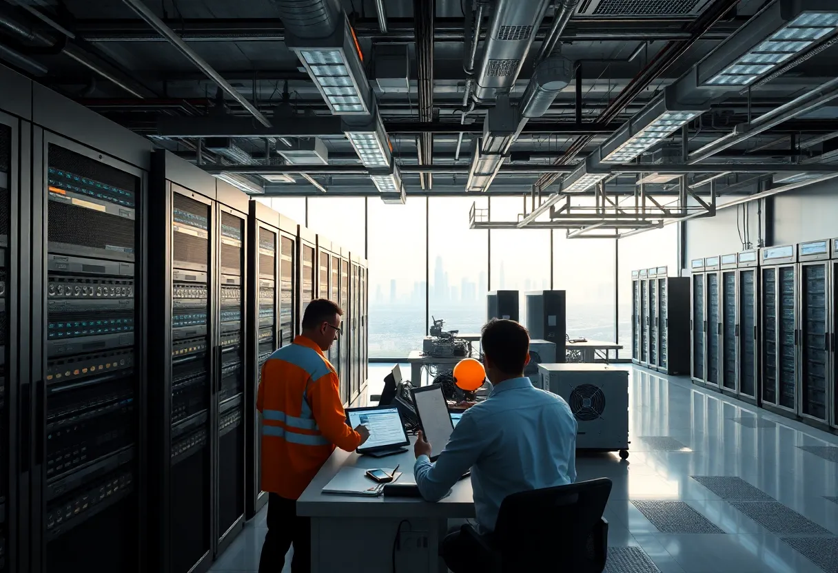 Data centre operations room with engineers, server racks, cooling units and digital dashboards at Yas Island