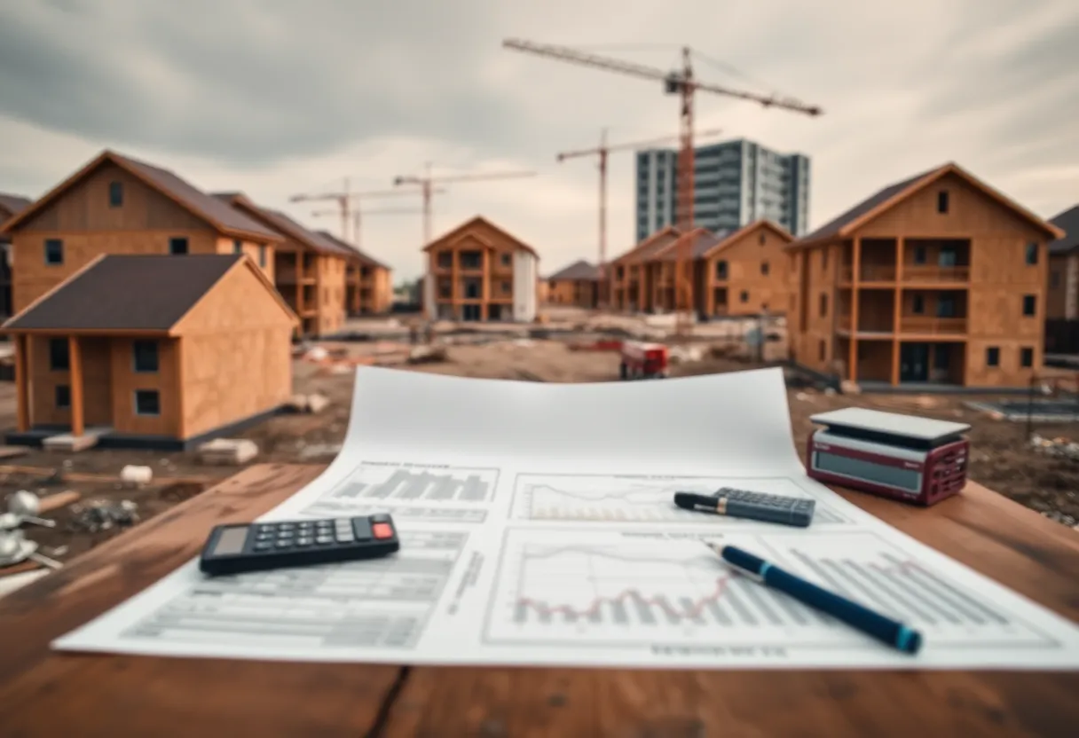 Partially built homes and cranes with blurred bank building and plans illustrating tighter construction lending