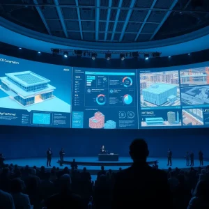 Conference stage showing large screens with cloud-connected AECO software, 3D building models, and analytics dashboards
