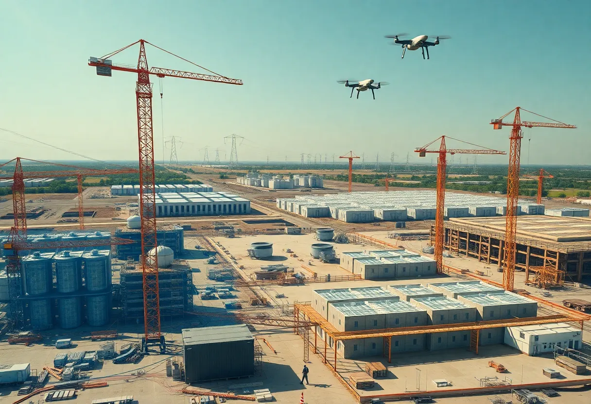 Construction site with AI robots, holographic design overlays and data center buildings in the background
