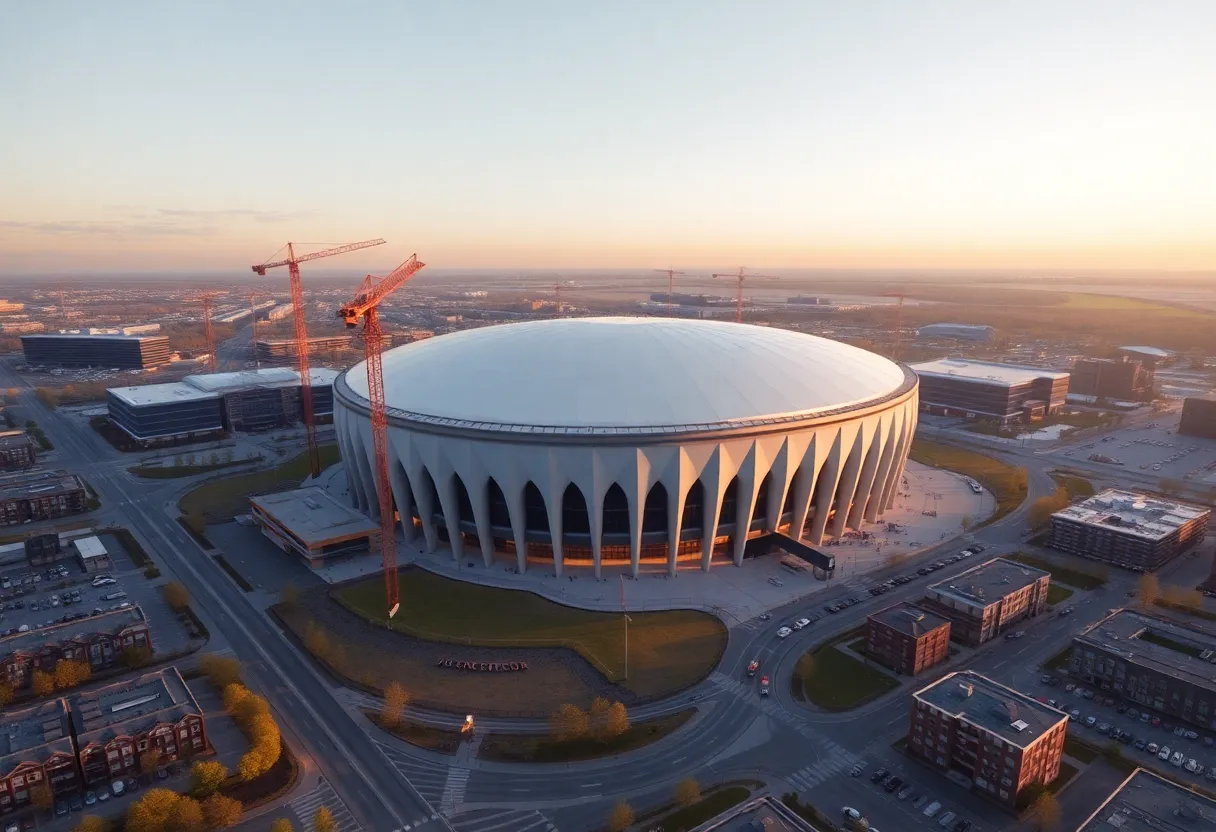 Aerial view of proposed domed stadium and mixed-use development in Arlington Heights
