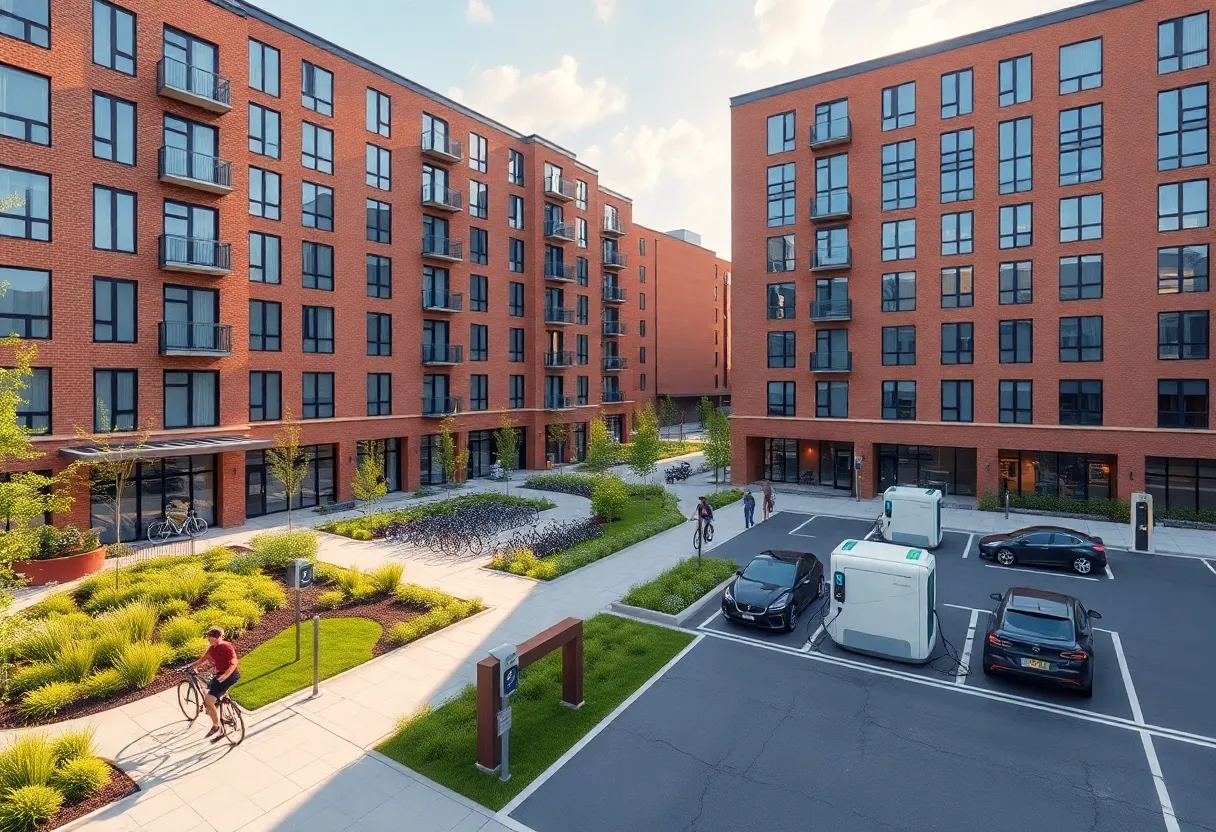 Rendering of two five-storey mid-rise rental buildings with bike stalls and EV charging near a university campus