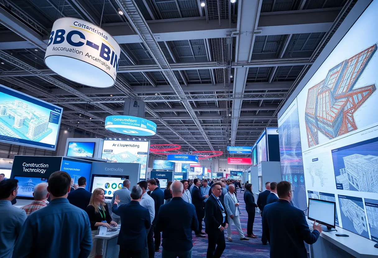 Expo hall with booths showing BIM and GIS models and attendees viewing construction technology demonstrations