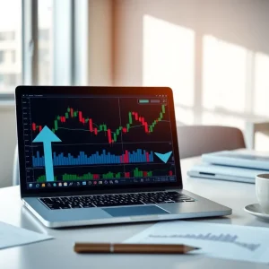 Laptop displaying stock charts with up and down rating arrows representing conflicting analyst ratings