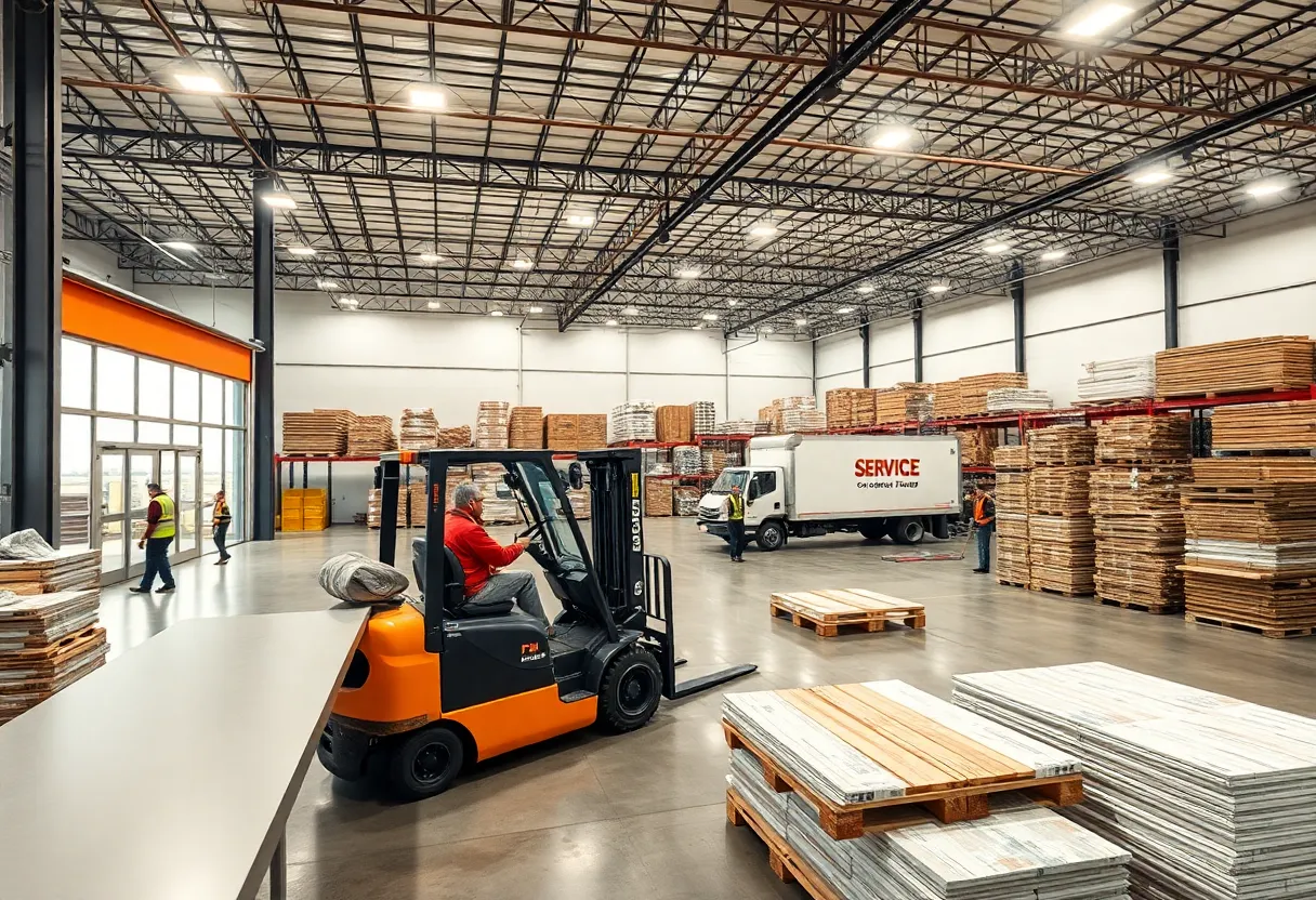 Pro service counter in a big-box home improvement store with delivery trucks and stacked building materials