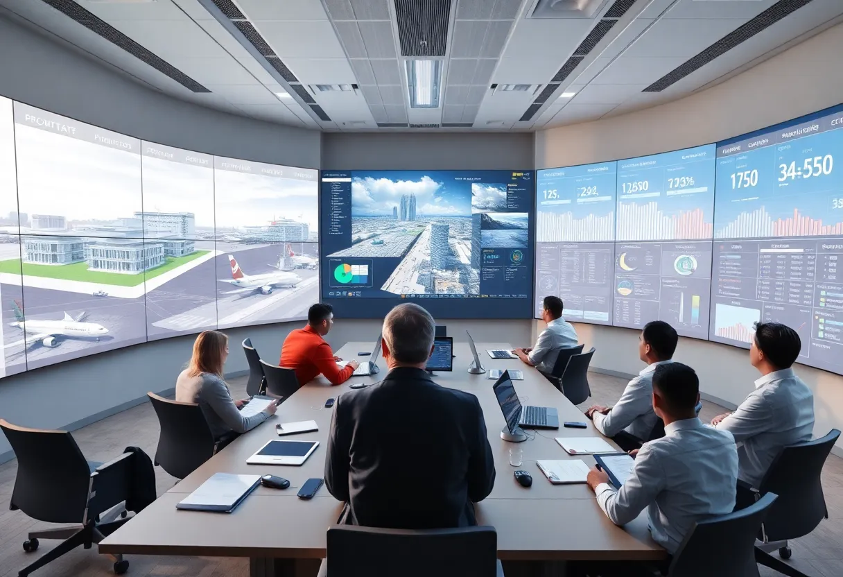Construction and engineering team reviewing 3D BIM models and dashboards on large screens in an airport control room