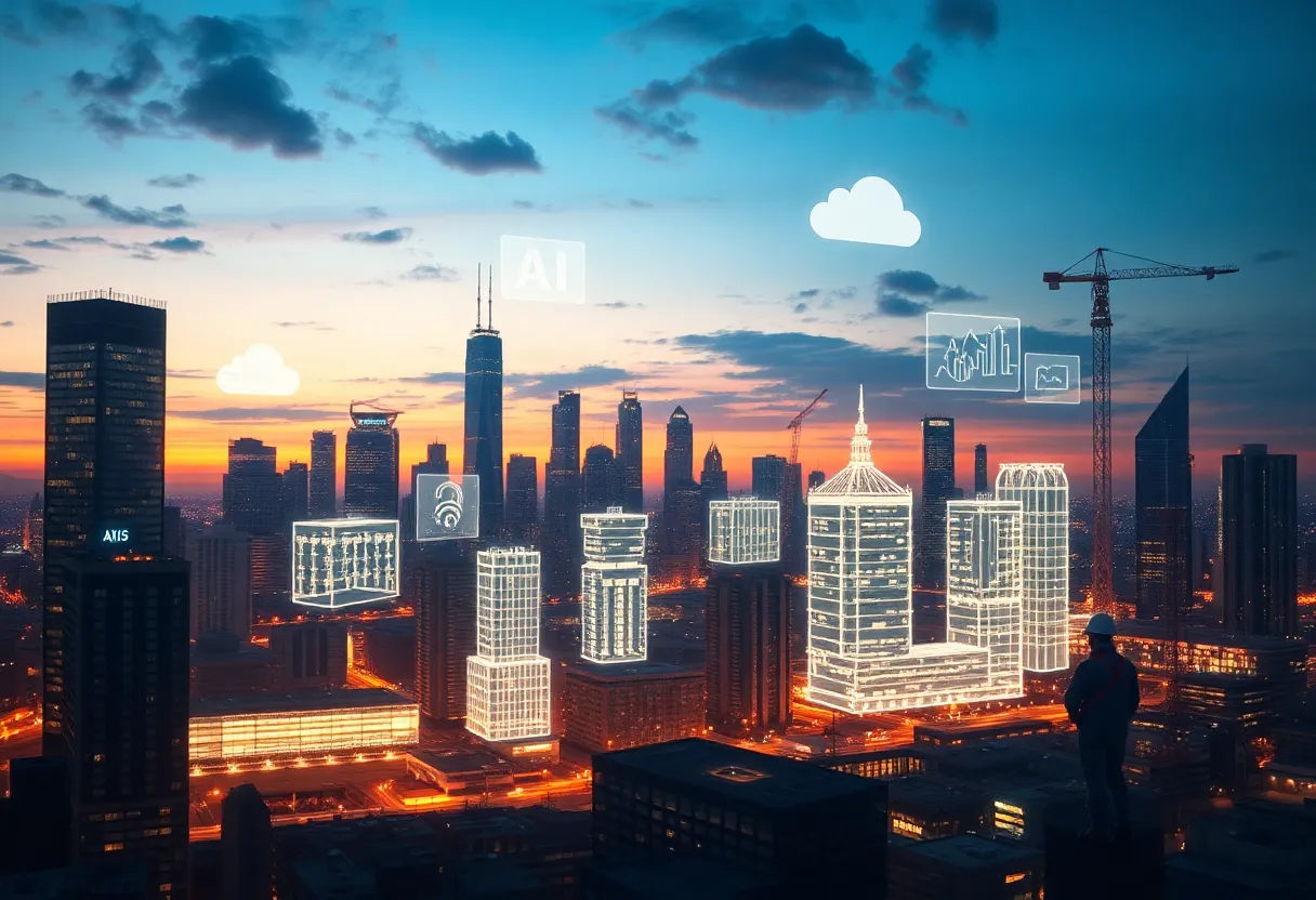 City skyline with translucent BIM models, data overlays and cloud icons representing digital construction and collaboration