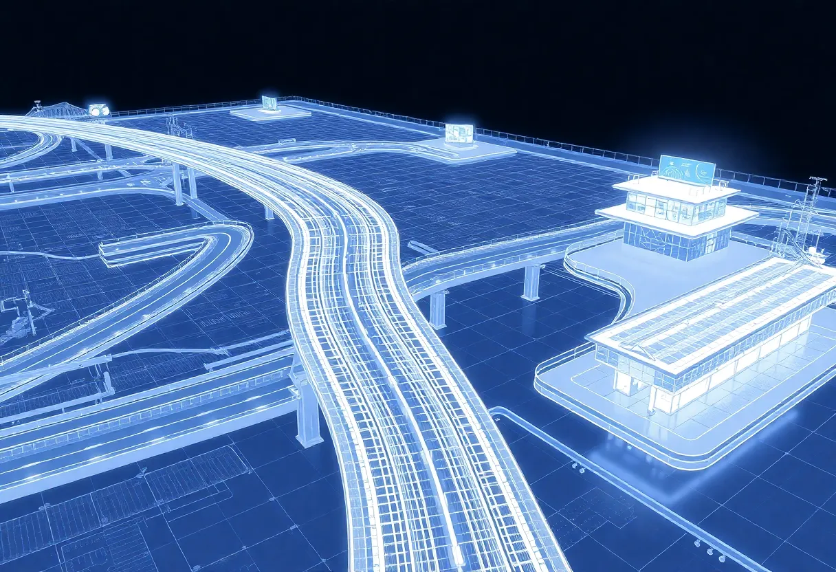 3D BIM models of highway, bridge and transit station with glowing data overlays