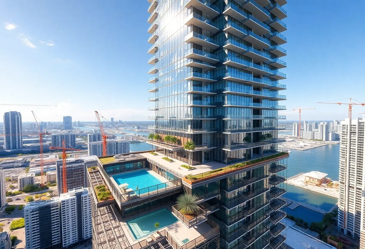 Rendering of 35-story Brickell residential tower with rooftop pool and glass facade under construction