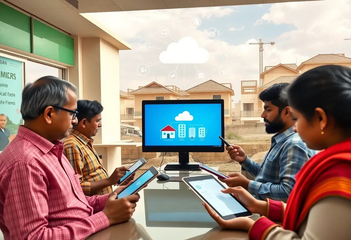 Regional housing finance branch staff and customers using digital tablets with houses under construction in the background