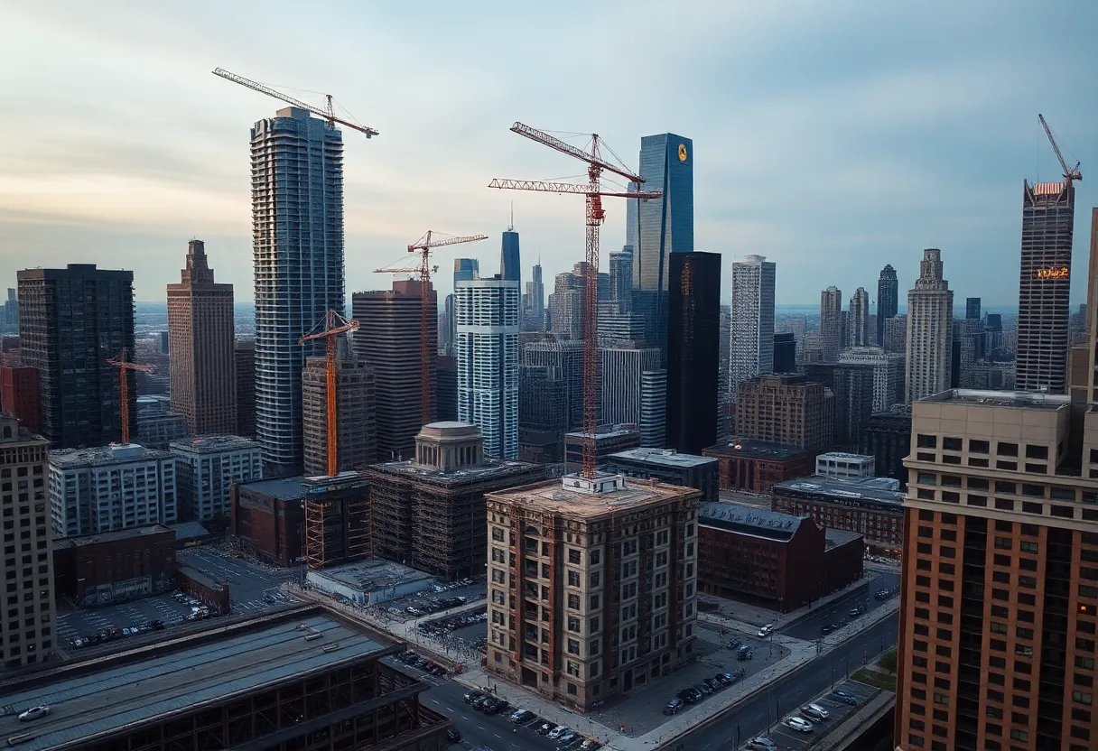 Chicago skyline with construction cranes, a tall rental tower and a small infill building near transit