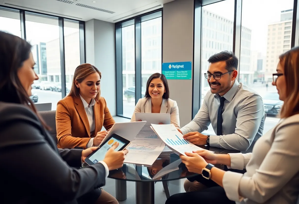 Bankers and local business clients meeting in a modern Tallahassee bank office to discuss commercial loans and treasury services.