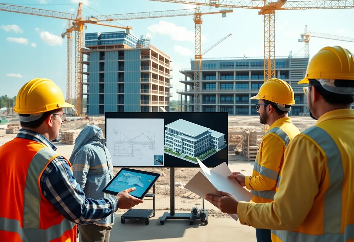 Construction workers using tablets and large monitors displaying digital blueprints and BIM models on site.