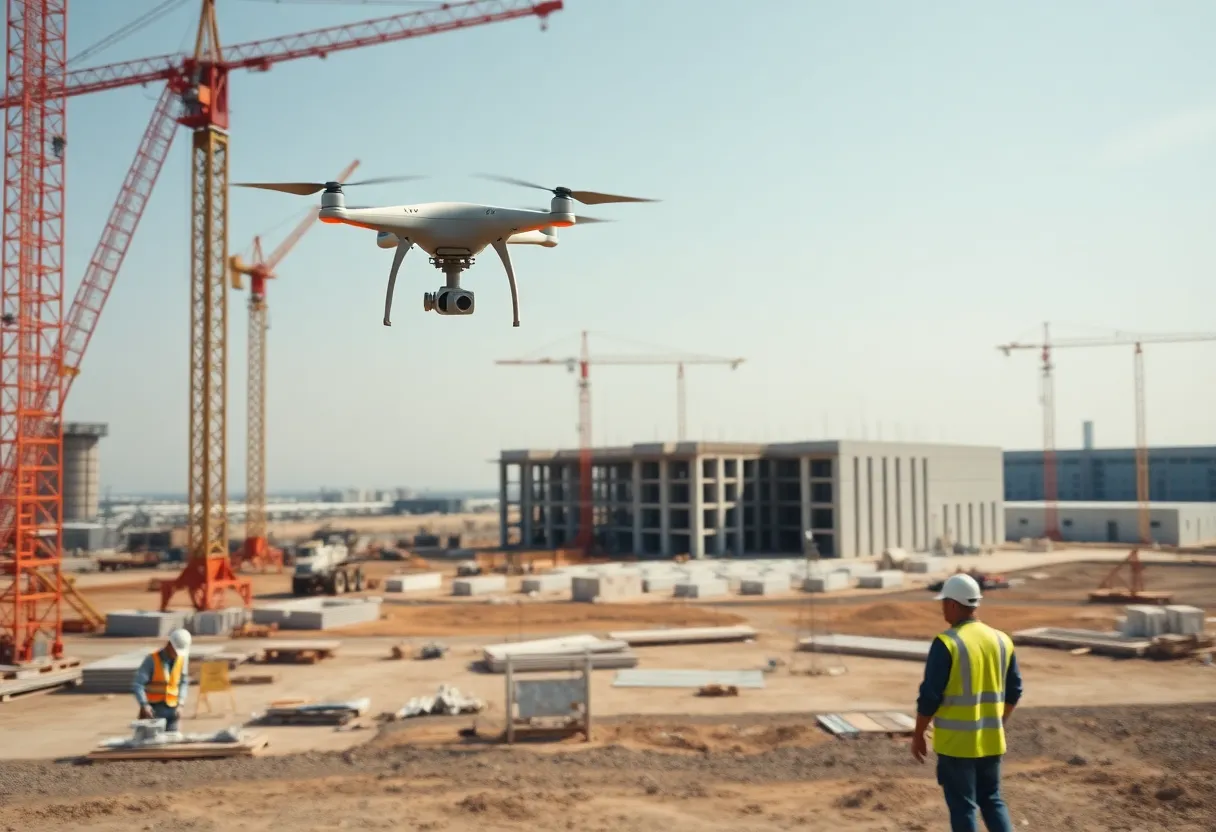 Construction site with a drone in flight, a gantry 3D printer building concrete walls, cranes and a data center structure in the background