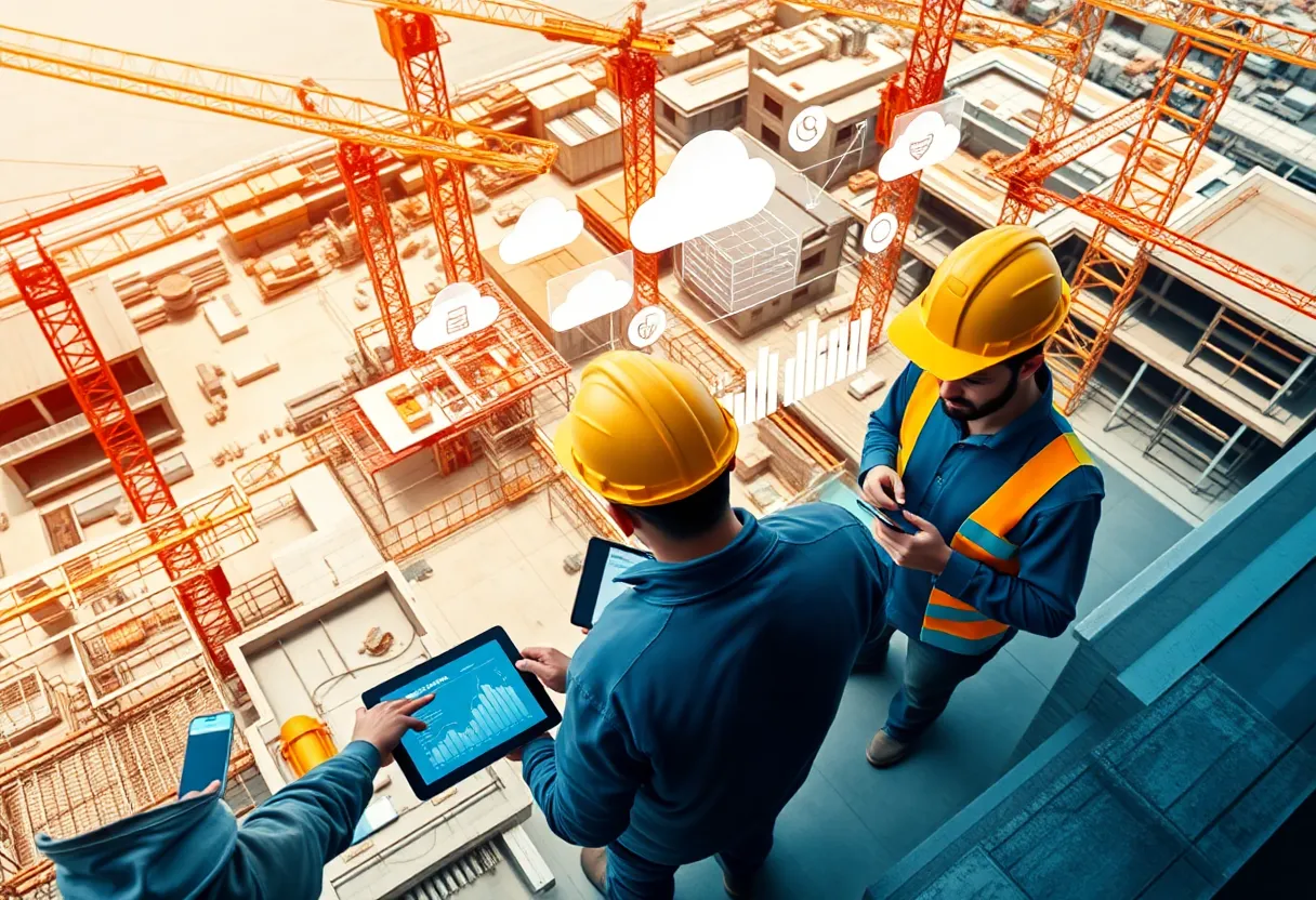 Construction site with digital overlays showing ERP dashboards, AI analytics and IoT sensors