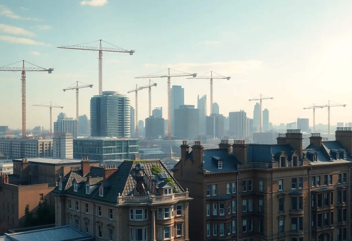Aerial view of construction cranes, a modern data‑center, green roofs and a partially collapsed Victorian terrace
