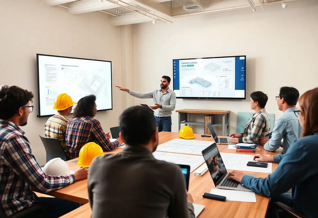 Experienced construction professionals mentoring younger engineers with blueprints and laptops in a classroom setting