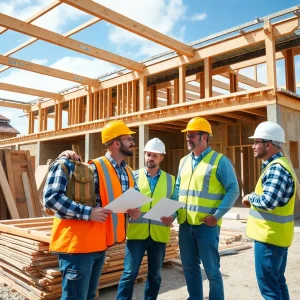 Florida construction site with building materials and workers
