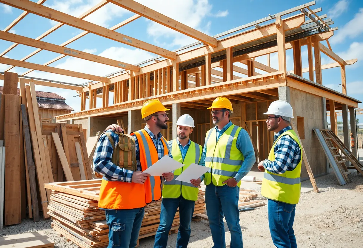 Florida construction site with building materials and workers