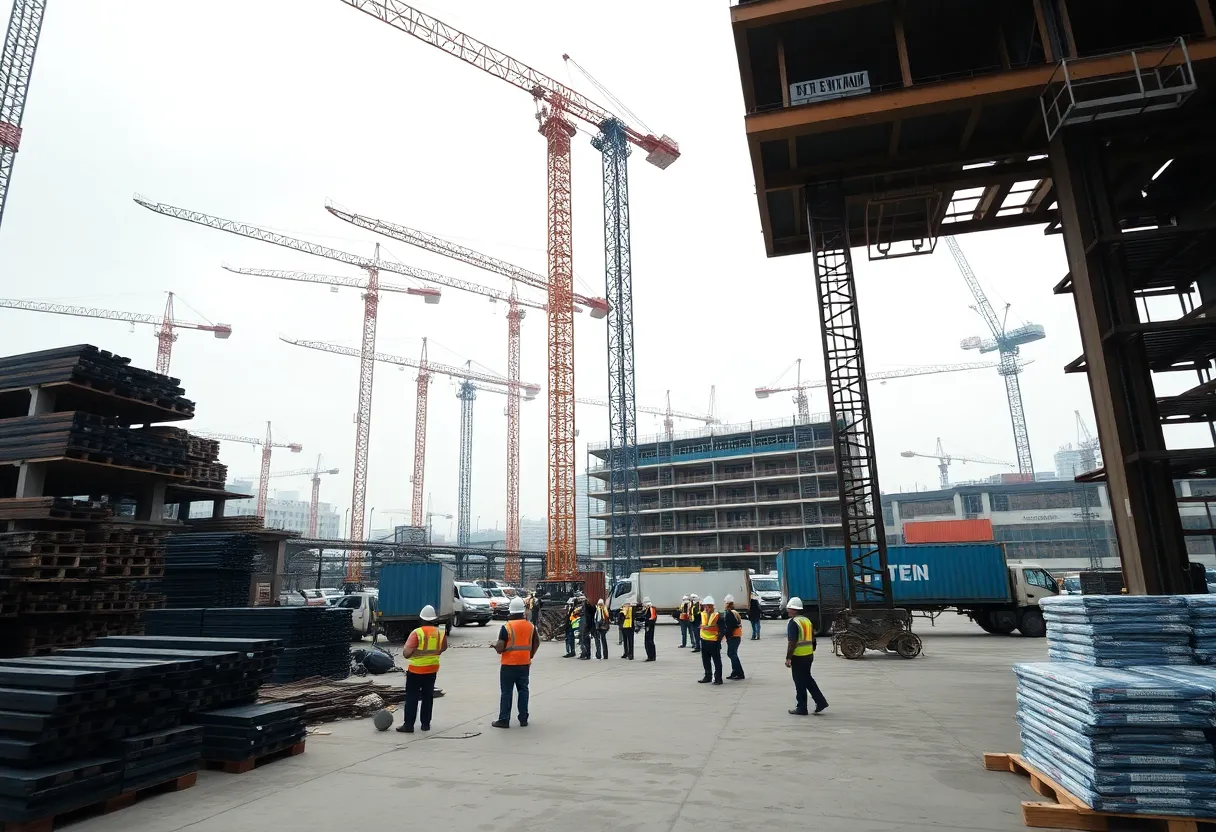 Construction site with cranes, scaffolding, stacked materials and workers in safety gear