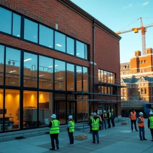 Kemper Hall addition housing the new construction training center with high-bay lab and scaffolding