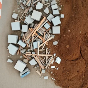 Construction site with various waste materials visible, representing the waste crisis in the construction industry.