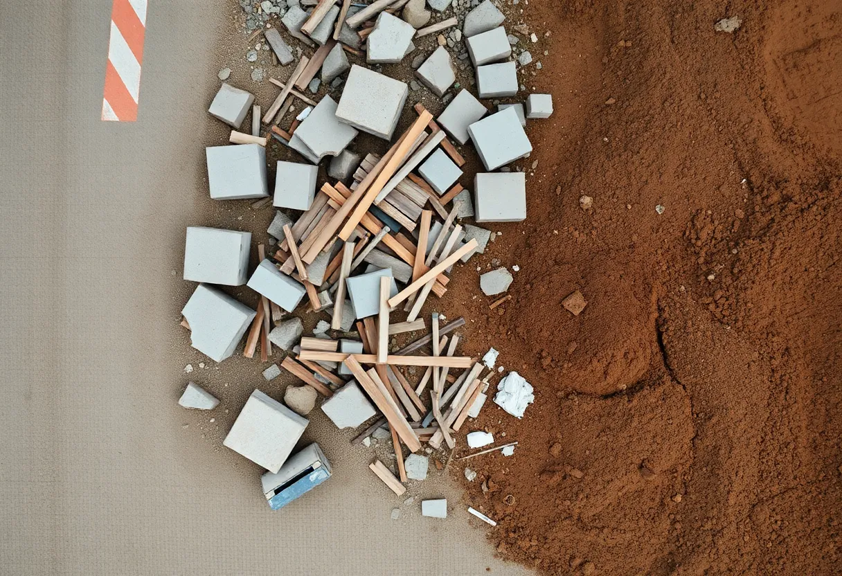 Construction site with various waste materials visible, representing the waste crisis in the construction industry.