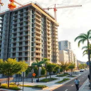 Mid-rise workforce housing under construction in Echo Park with cranes, scaffolding and community courtyard
