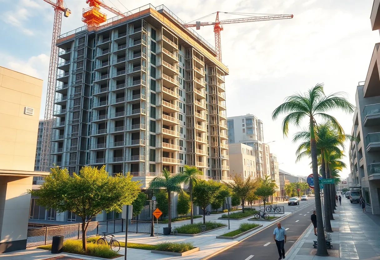 Mid-rise workforce housing under construction in Echo Park with cranes, scaffolding and community courtyard