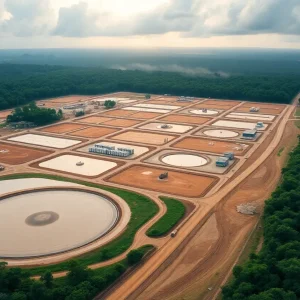 Aerial view of heap‑leach pads and containerized processing plant at a tropical gold project in Pará, Brazil
