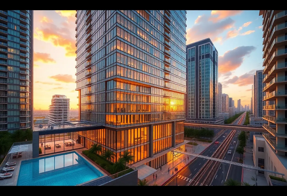 Rendering of a 35-story Domus Brickell Center condo tower with glass façade, rooftop pool and skyline in Brickell Miami