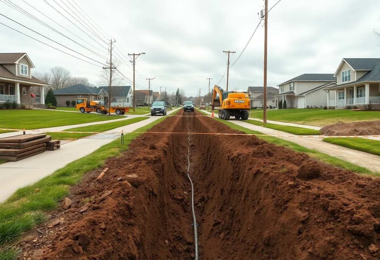 Trench and equipment on residential street during underground fiber installation