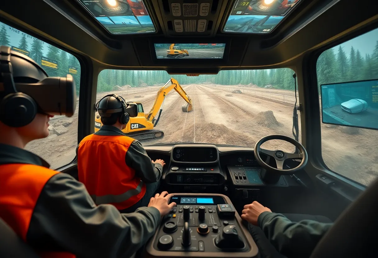 Virtual reality training environment showing multiple trainees using simulators for construction and forestry equipment with safety overlays