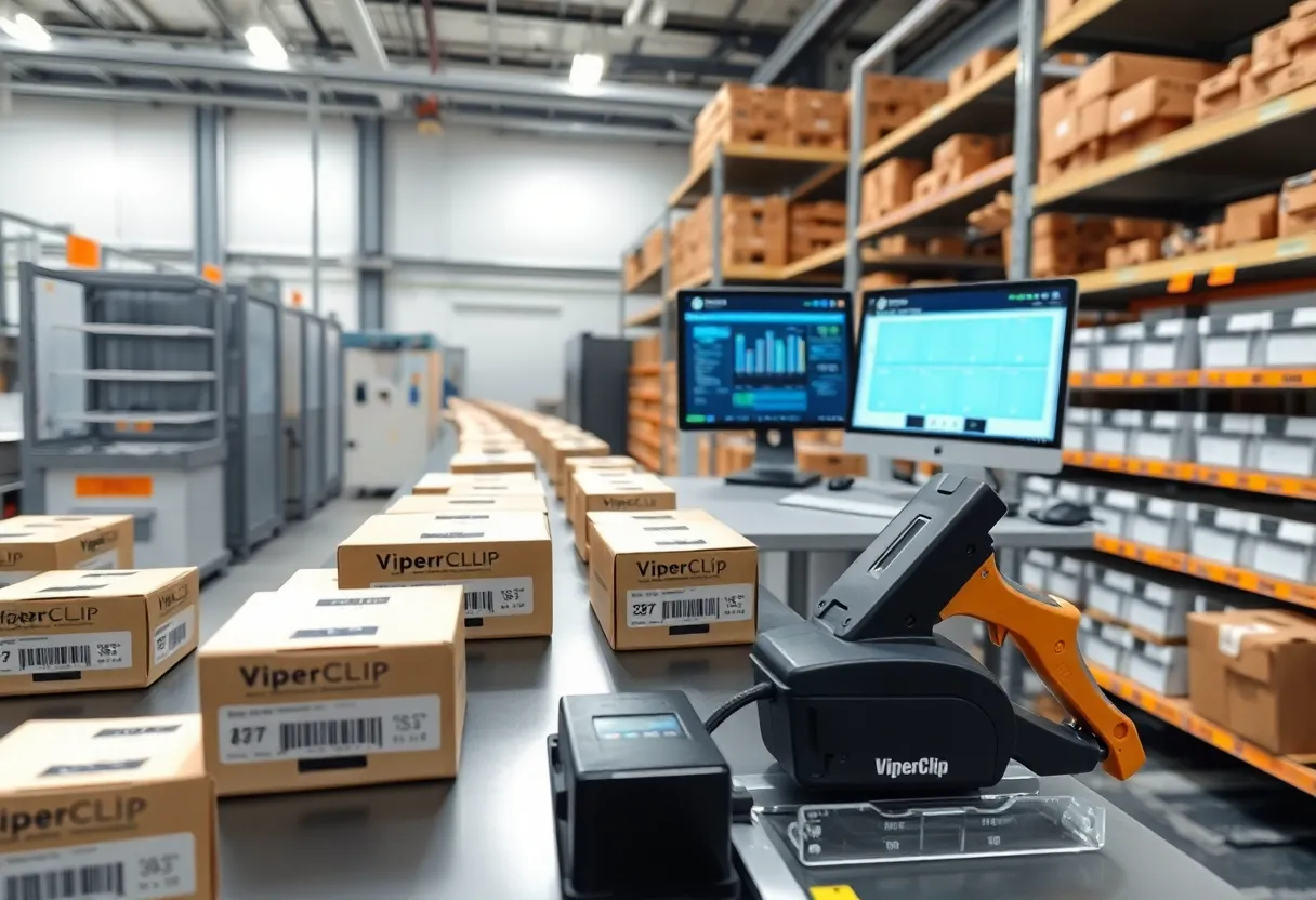 Factory production line with ViperClip boxes, barcode labels and a computer displaying an ERP dashboard