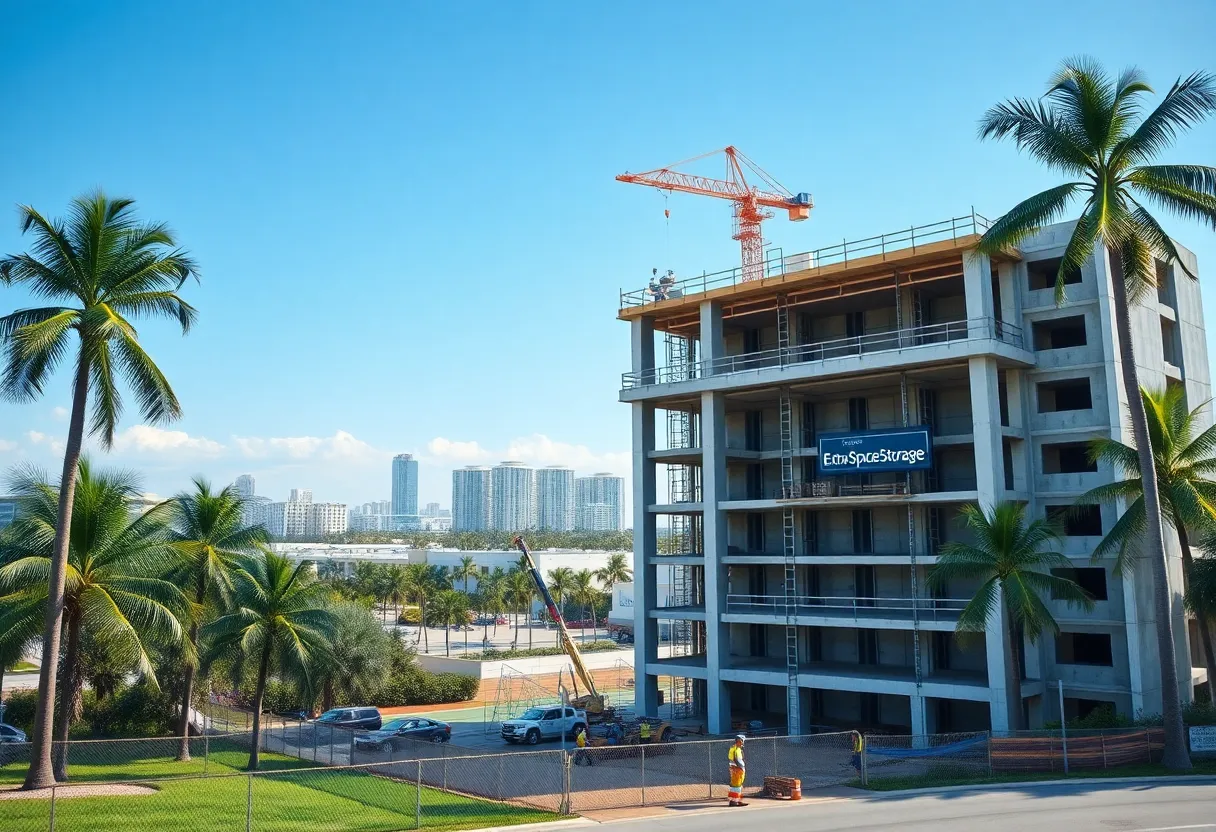 Multi-story Extra Space Storage facility under construction in Homestead, Florida with cranes and palm trees