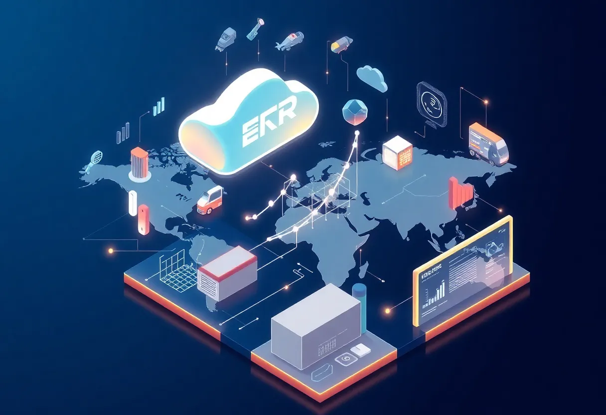 Isometric illustration of a cloud ERP platform linking industry icons over a global map with a rising growth chart and analytics visuals