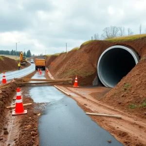 Construction site installing a large aluminum box culvert under a rural road with heavy machinery and vegetated swales