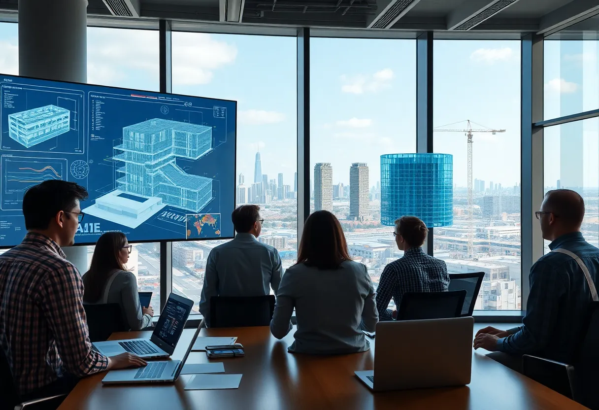 Engineers reviewing digital building plans with AI overlays in a modern office overlooking Denver skyline