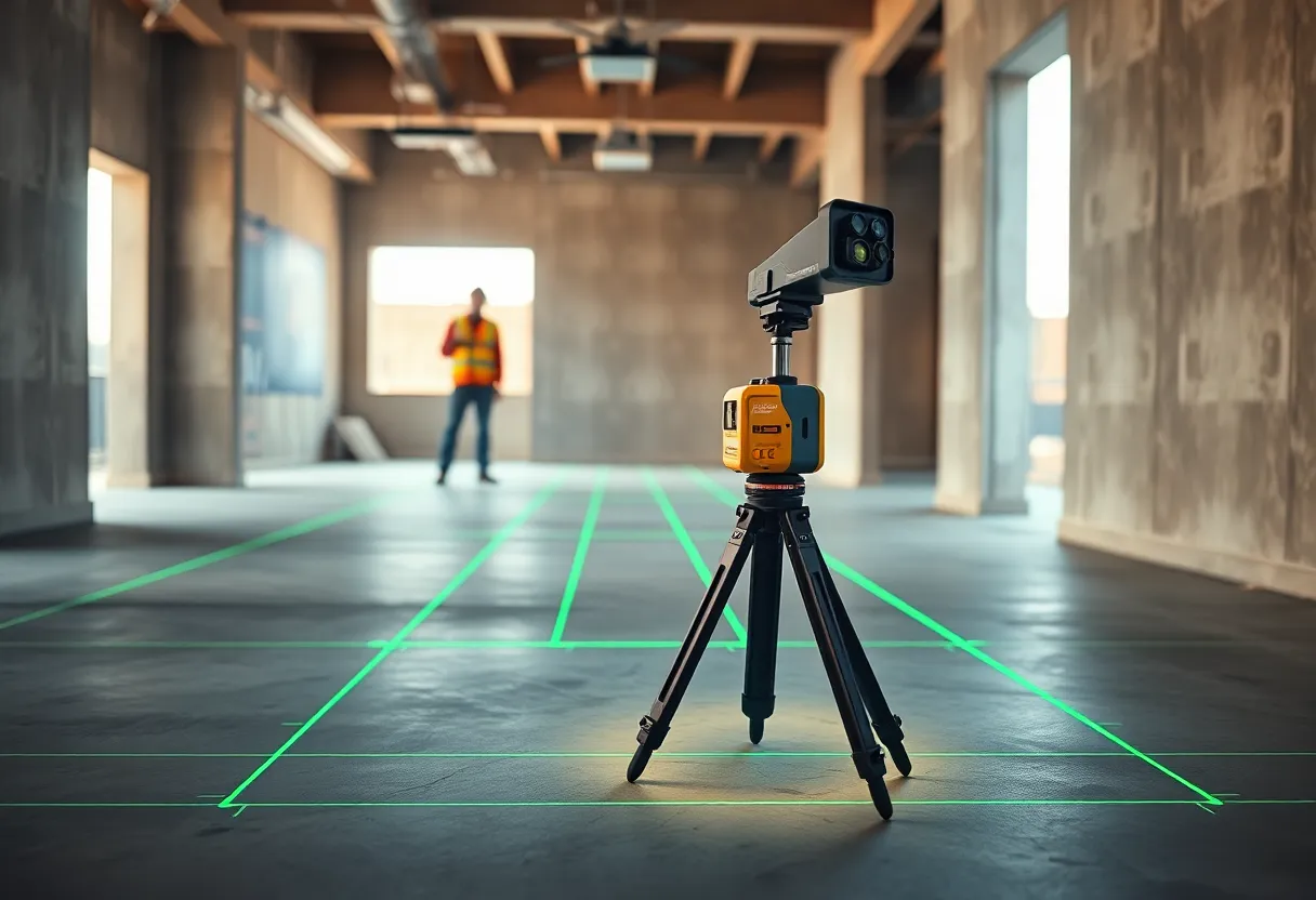 Tripod-mounted laser projector casting precise layout lines onto a construction site floor and walls with workers in background