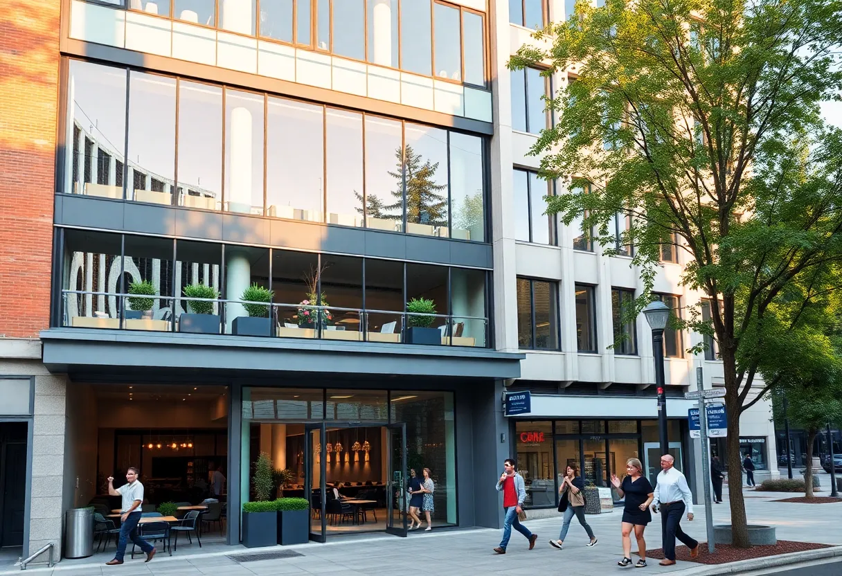 Modern mixed-use office building at 300 E. McBee Ave. with balcony, cafe and office windows in downtown Greenville