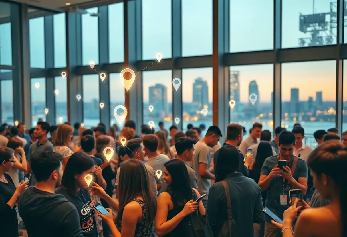 Attendees at a networking event using smartphones with digital connection overlays and city skyline visible