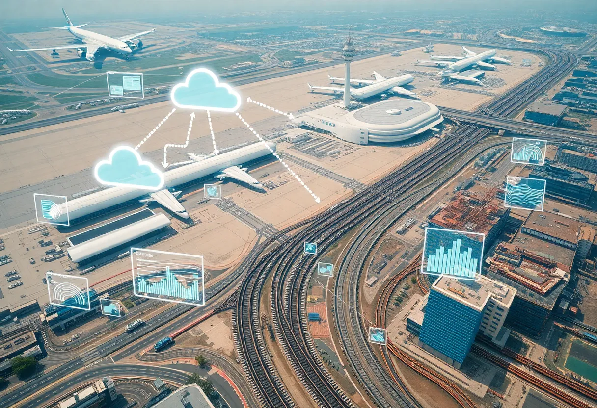 Aerial view of Melbourne airport and rail construction overlaid with cloud database and streaming data graphics