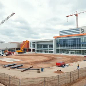 Demolition and conceptual rendering of a new multipurpose arena at a suburban mall site with cranes and construction equipment.